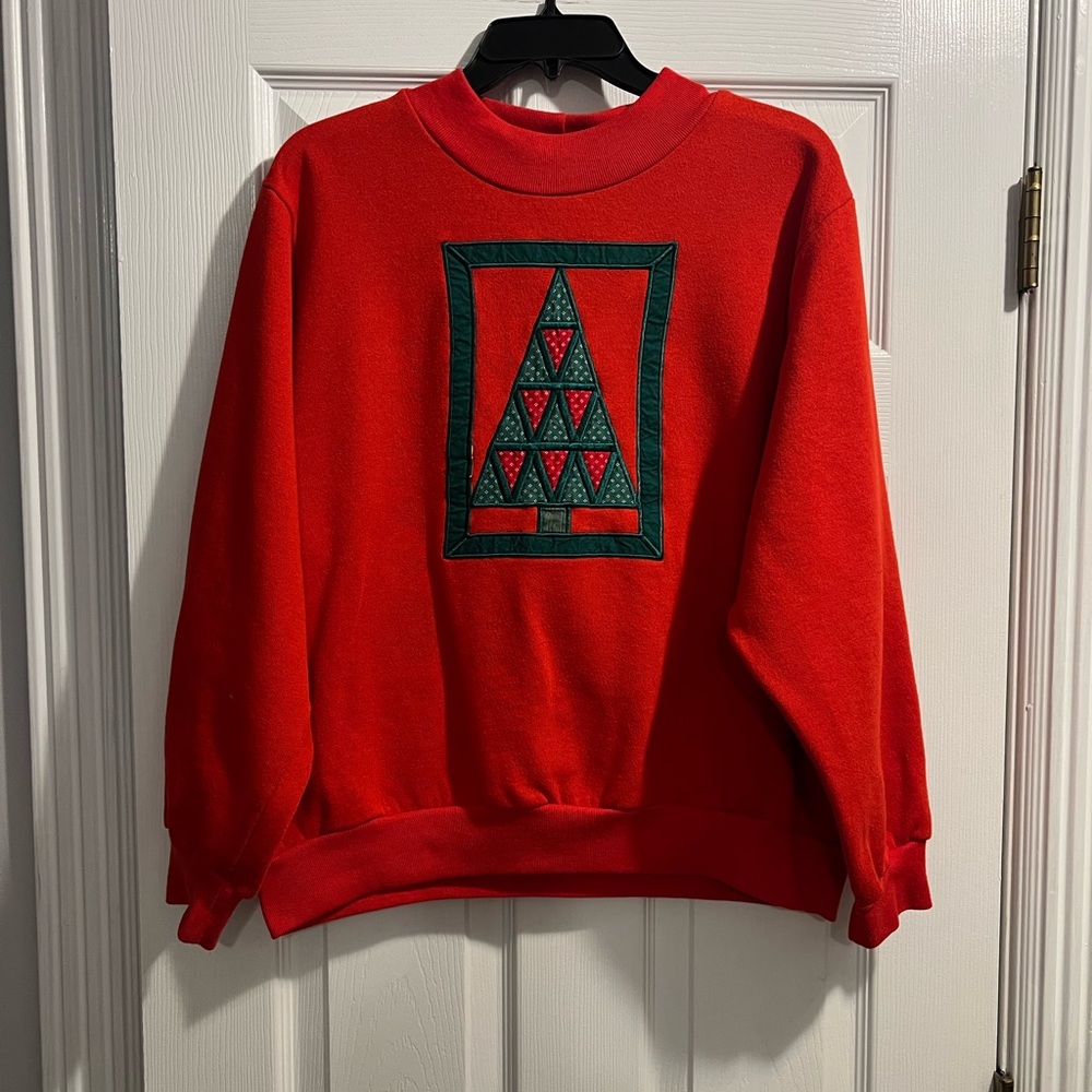 Vintage BonWorth Red Crewneck Sweatshirt with Green Christmas Tree Design